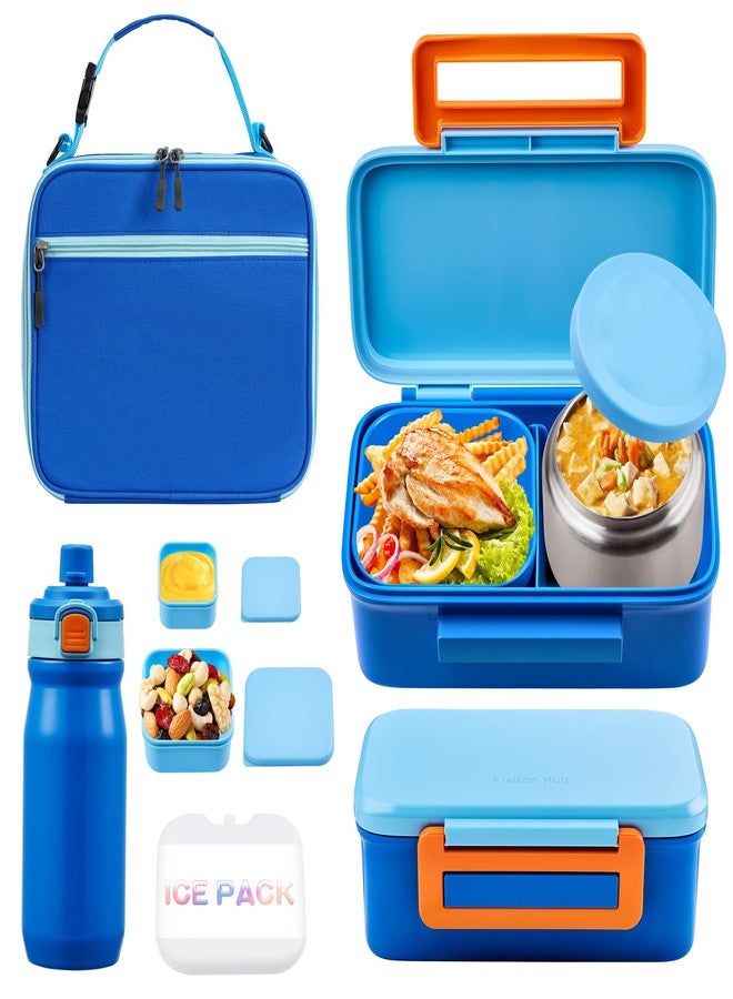 JXXM Bento Lunch Box for Kids With 8oz Thermo, Leakproof Bento Box with with 2 Compartments, Insulated Bottle, Lunch Bag, BPA Free Dishwasher Safe for School Girls Boys (Blue) - Image 1